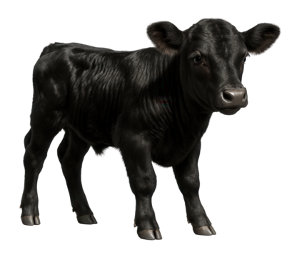 Realistic 3D illustration of a young black calf standing and looking forward on transparent background.