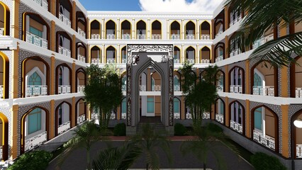 Obraz premium Traditional Arabic Courtyard with Arches and Detailed Architecture