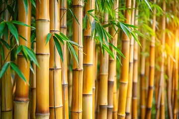 Obraz premium Golden bamboo forest with green leaves and soft sunlight