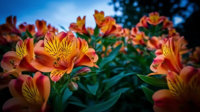 Close Up View of Orange Peruvian Lily Flowers with Dark Green Leaves with Dark Background
