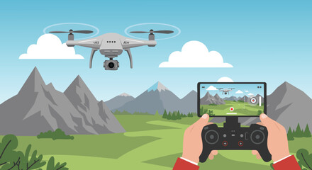 Fototapeta premium Drone flying over mountains remote control outdoor leisure