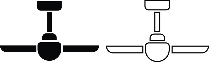 Ceiling fan icons set in trendy black flat and outline styles ventilation vectors collection, electric air cooling symbols bundle, home appliance pictogram and fan blade rotation designs illustration.