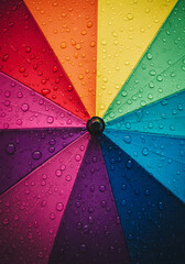 Vibrant rainbow umbrella glistening with fresh raindrops, a cheerful symbol.
