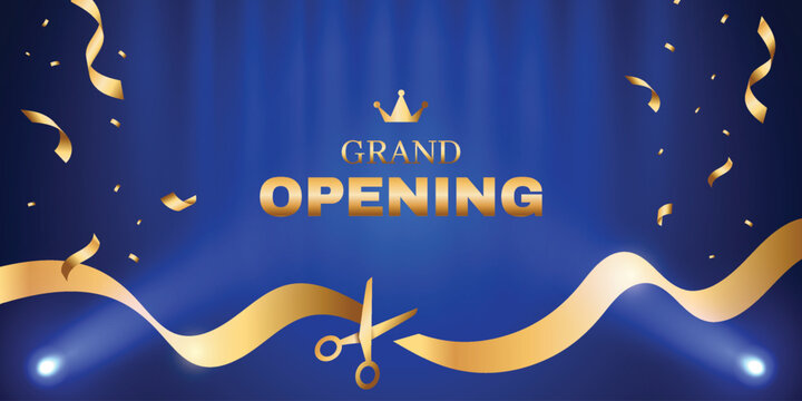 Blue grand opening background with cutting ribbon scissors scene.  Modern elegant promotional media design.	