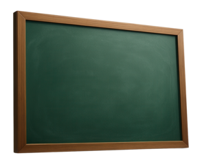 Empty green chalkboard with a wooden frame on transparent background.