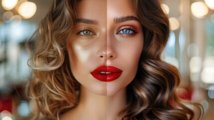 A young Caucasian woman with long, wavy brown hair and striking blue eyes. One side of her face features bold red lipstick and glamorous makeup, while the other side is more natural.
