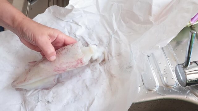 Woman in kitchen unpacking fresh squid from market. Healthy food. Organic seafood. Eco-friendly paper packaging.