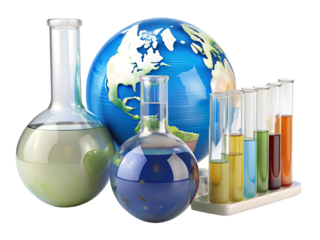 Globe And Laboratory Glassware With Colorful Liquids isolated on a transparent background earth planet