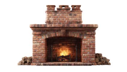 A detailed, isolated image of a brick fireplace. 