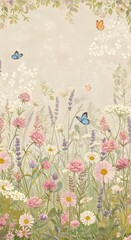 Wallpaper with wildflowers, butterflies, and soft faded linen background, vintage floral motif