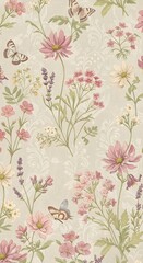 wallpaper with wildflowers, butterflies, and soft faded linen background, vintage floral motif