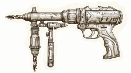 A futuristic, weathered power tool, resembling a handgun, with various attachments