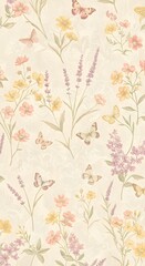 Wallpaper Design: Cottagecore aesthetic wallpaper with wildflowers, butterflies, and soft faded linen background, vintage floral motif