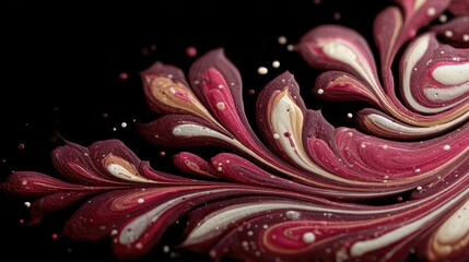 Abstract swirls of pink, white, and gold paint on black