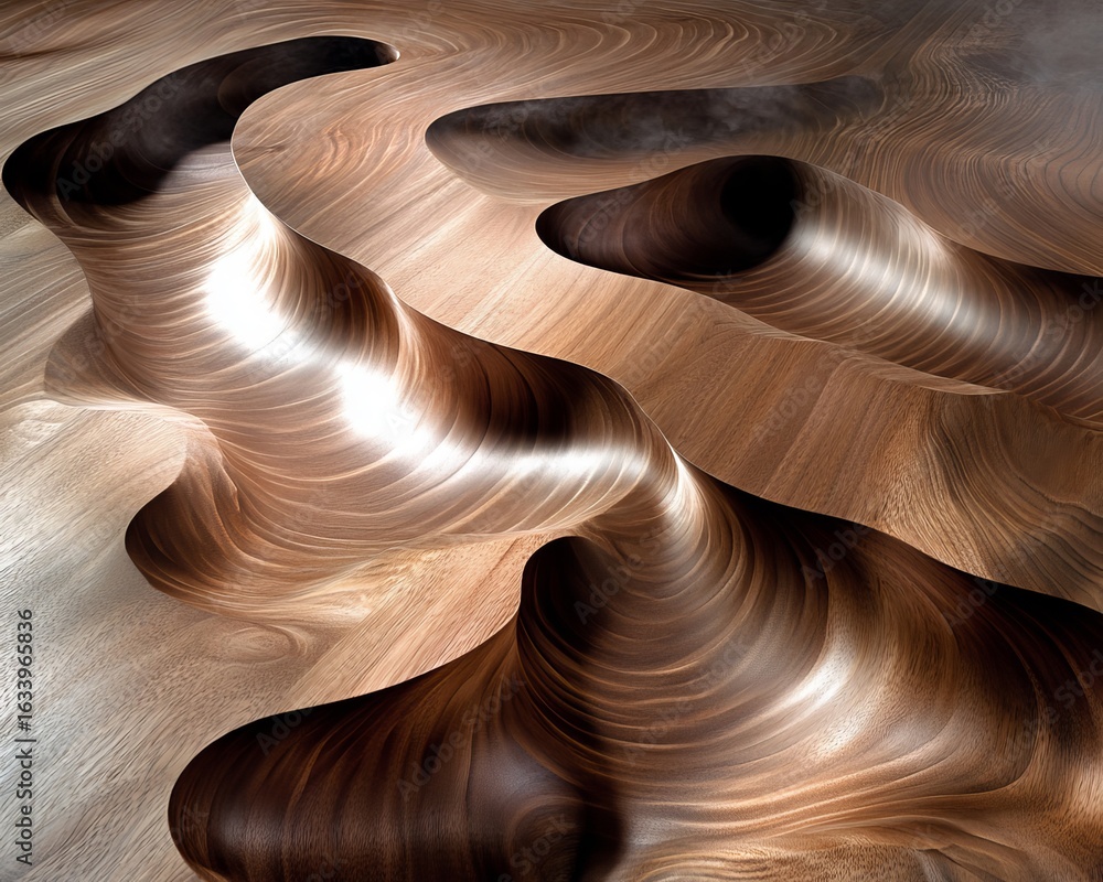 Poster intricate geometric pattern wood art piece crafted with cnc router in dark and light walnut tones
