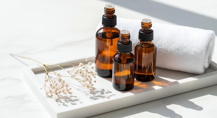 A soft, romantic, and photorealistic scene featuring an amber skincare trio with a delicate sprig of dried baby's breath for an elegantly natural touch.