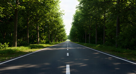 Straight Forest Road with Lush Green Trees in Summer Light
