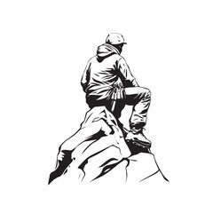 Vector illustration of a rock climber sitting on a cliff after reaching the summit, depicting achievement, serenity and natural adventure.