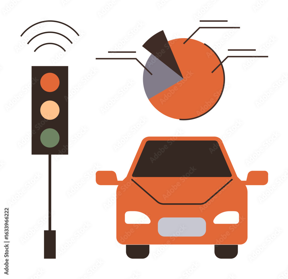 Poster car near traffic light with wireless signal and pie chart of data insights. ideal for technology, tr