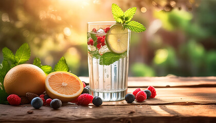 A refreshing summer drink with fruits and mint in sunlight. Generative AI.