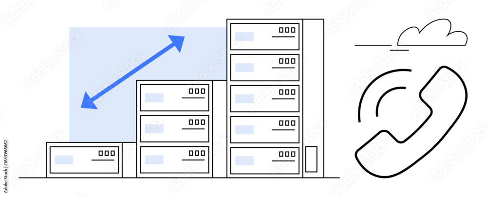 Poster server racks increasing in size, upward arrow, cloud, call icon. ideal for technology, cloud computi