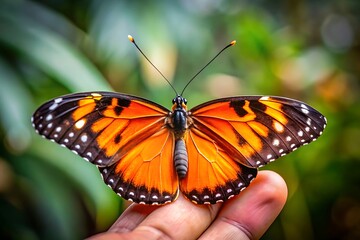 Obraz premium Vibrant monarch butterfly rests gently on a human hand amidst lush greenery