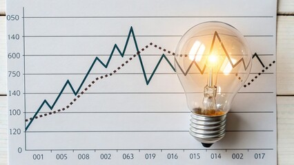 Line Graph with Solid and Dashed Trends and Glowing Light Bulb Symbolizing Data Insight and Innovation