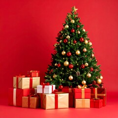 Decorated Christmas tree with numerous presents at its base against a solid red backdrop