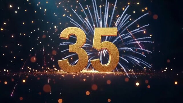 35th celebration with large golden number and fireworks on dark background in festive cinematic atmosphere

