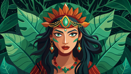 Vibrant portrait of a woman with tribal headdress and green eyes amidst lush foliage