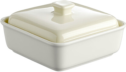 Square ceramic serving dish with lid.  Cream color, glossy finish.  Precisely formed, simple design