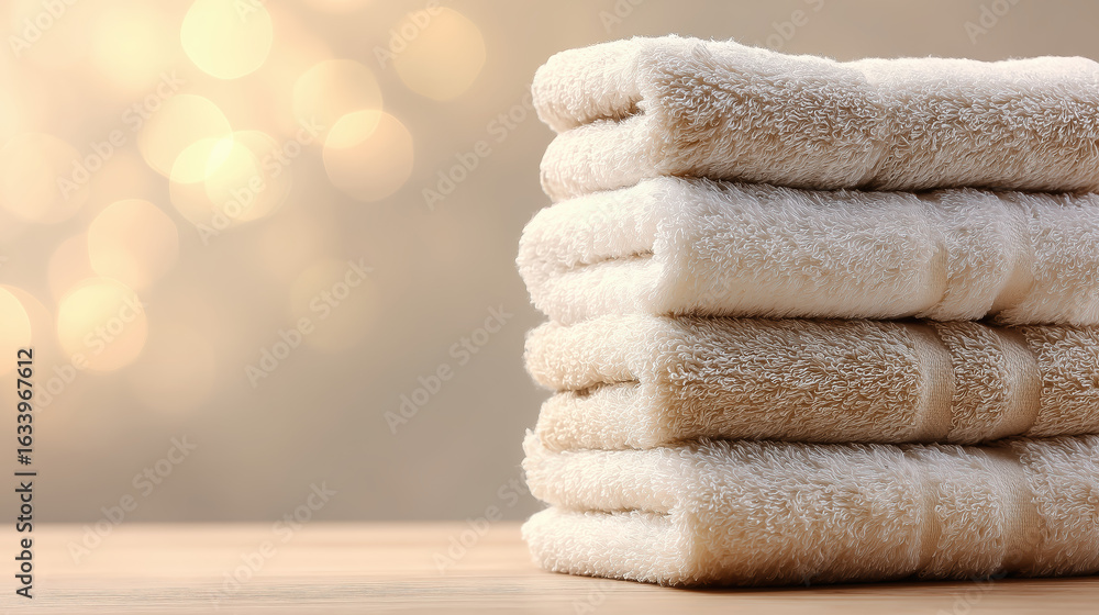 Poster soft, fluffy towels stacked neatly on a wooden surface, with a warm, blurred background creating a c
