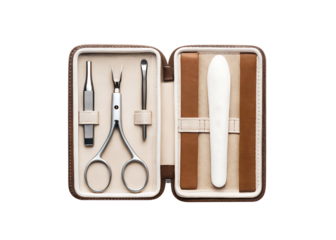 Manicure set with silver tools and white filer in brown case isolated on a transparent background metal
