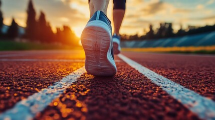 Runner on the track during sunset, inspirational image for sports and motivational materials.
