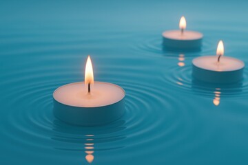 Floating Candle Serenity: Three lit candles float serenely on the surface of a calm, azure-colored water, creating a peaceful and meditative ambiance.