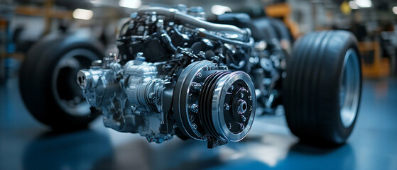 Close-up of an automobile engine and suspension in an auto shop. Useful for automotive repair articles, automotive technology reviews and automotive engineering educational materials.
