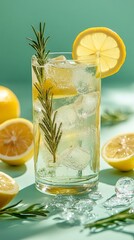 A refreshing drink with lemon, ice and a rosemary branch. Useful for cooking blogs, articles on healthy eating and beverage advertising.
