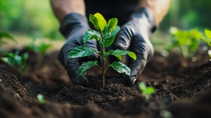 Gloved hands plant a young plant in the soil. Ideal for environmental projects and gardening blogs.