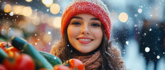 Woman in winter hat and scarf smiling against a background of holiday lights and snow. Perfect for winter holiday cards, winter clothing ads and creating a holiday atmosphere.