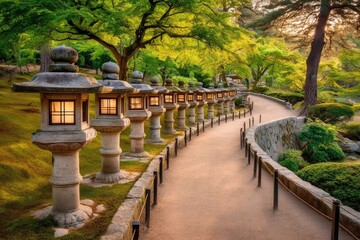 Serene pathway lined with lanterns in a tranquil Japanese garden