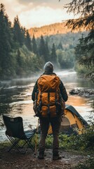 Man with backpack by river at campground, useful for travel and adventure articles.