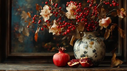 Vase with flowers and fruits on the table by the window. Interior decor, cooking, natural elements.