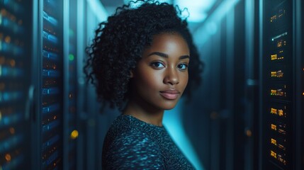 Woman with curly hair in gray clothes on background of server equipment. Technology, portrait, modern office.