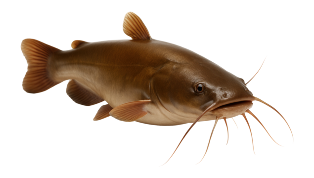 Close-up of a realistic brown catfish with long whiskers and detailed fins on transparent background.