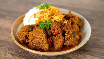 A high-resolution close-up image of Indonesian rendang beef stew served with white rice on a rustic ceramic plate. The dish is styled with fried shallots and fresh garnish
