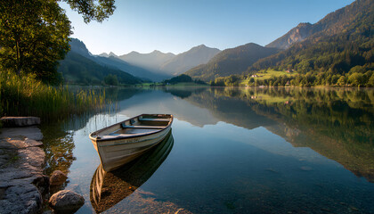Obraz premium Serene Lakeside Landscape with Still Water and Rowboat