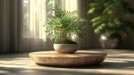Bonsai plant in a light gray bowl on a wooden platform.