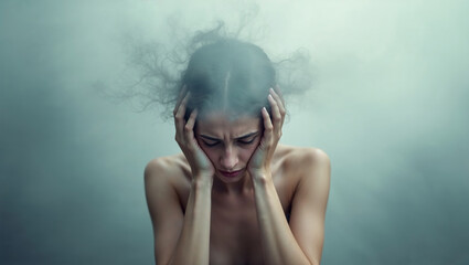 Woman holding her head, experiencing brain fog and confusion, symbolizing mental health challenges