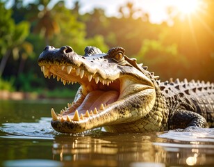 Obraz premium Close-up of a large reptile with open jaws, partially submerged in water
