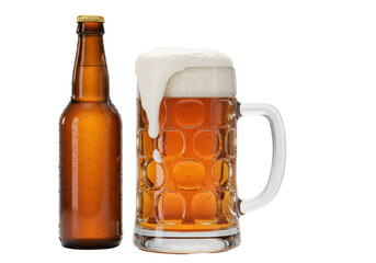Isolated Brown Beer Bottle and a Large Mug of Foamy Beer with Condensation